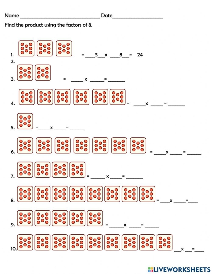 A student working on a third grade math worksheet focused on multiplying by eight problems and a multiplication chart.