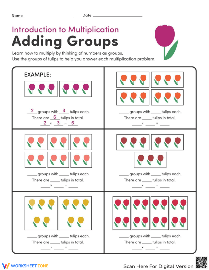 Third grade students practicing multiplication by solving equal groups problems on a worksheet