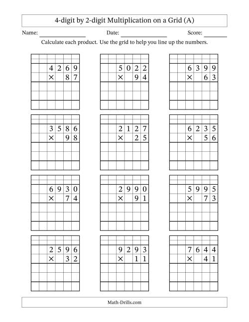 Third grade student working on a multiplying by four math worksheet with a multiplication chart