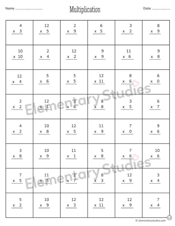 Multiplication Facts Check-Up worksheet for third graders focusing on factors up to 10