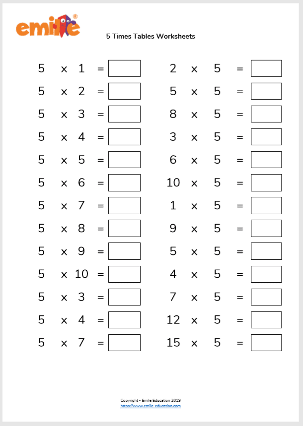 Students working on a third-grade math worksheet that focuses on multiplying by five and completing a multiplication chart. Engaging multiplication practice for young learners in grade three.