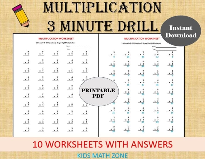Third grade students working on a Two-Minute Multiplication worksheet featuring 48 multiplication problems