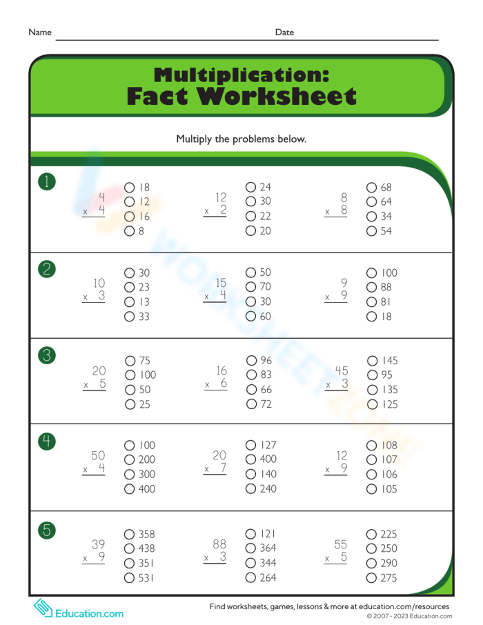 Third grade multiplication fact worksheet with times tables and regrouping problems for math practice