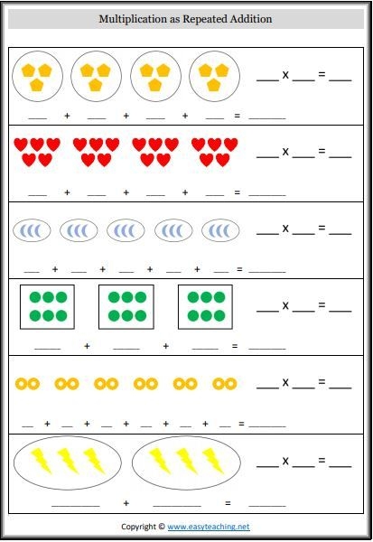 Third grade students learning to multiply by grouping objects on a math practice worksheet