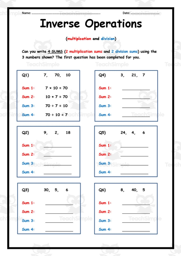 Educational resource for practicing times tables and inverse relationships in math Worksheet featuring inverse equations focused on multiplication for third graders learning fractions