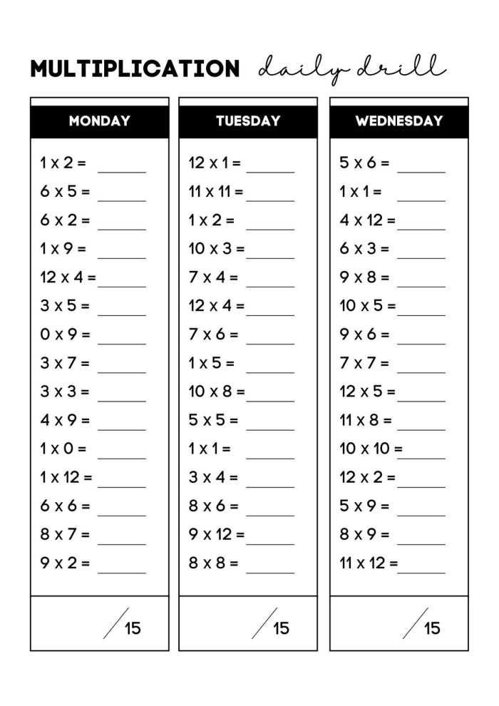 Third grade multiplication fact worksheet with regrouping problems and times tables practice exercises