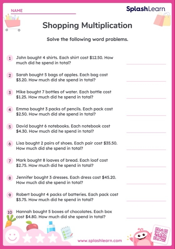 Third grade student practicing multiplication skills with money word problems on a store themed worksheet