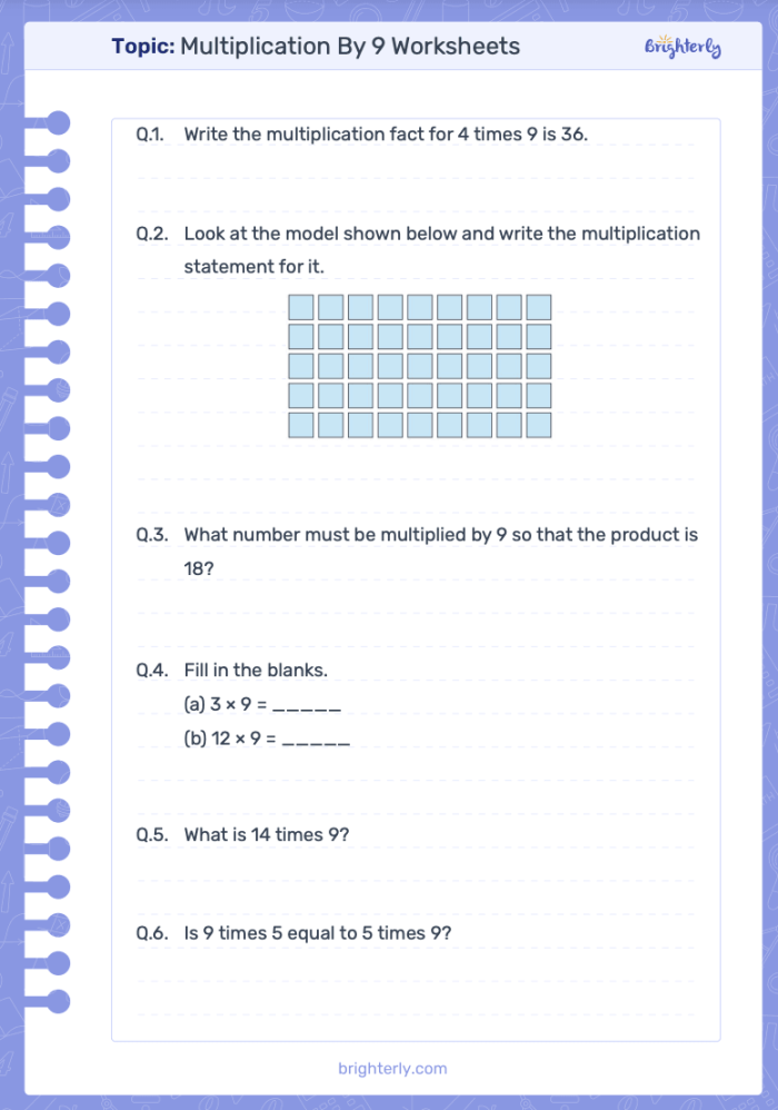 Third grade student practicing multiplication by nine on a printable math worksheet