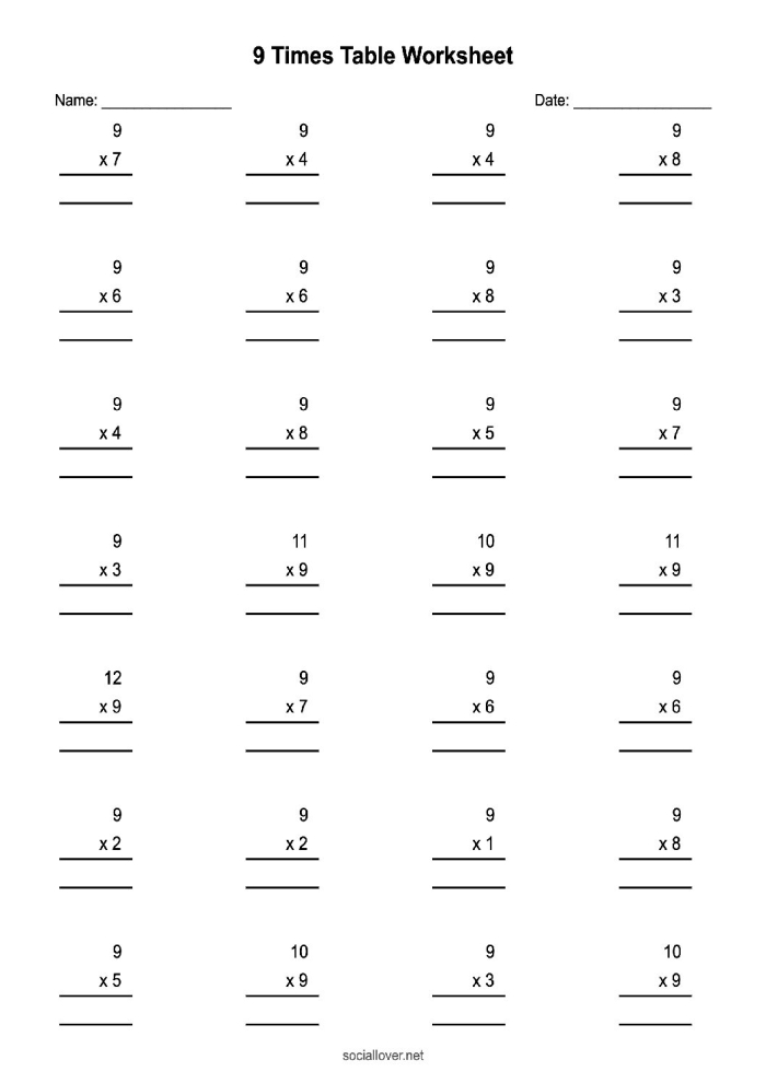 Third grade student practicing multiplication by nine with a math worksheet