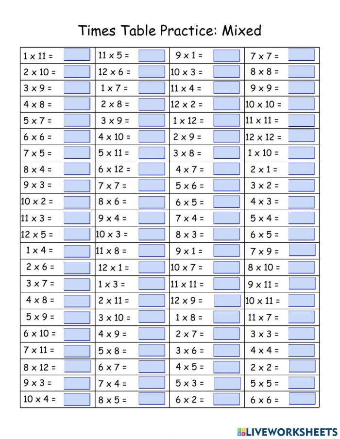 Multiplication Times Table worksheet for third graders focusing on place value patterns