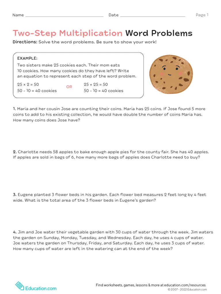 Multiplication worksheet for Third Grade Students engaged in solving two-step multiplication word problems on a worksheet designed for third graders. Worksheet image showcasing two-page layout for practicing multiplication word problems.