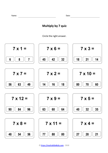 Times Tables: 7s practice sheet for enhancing multiplication skills Worksheet for practicing multiplication by sevens for third graders