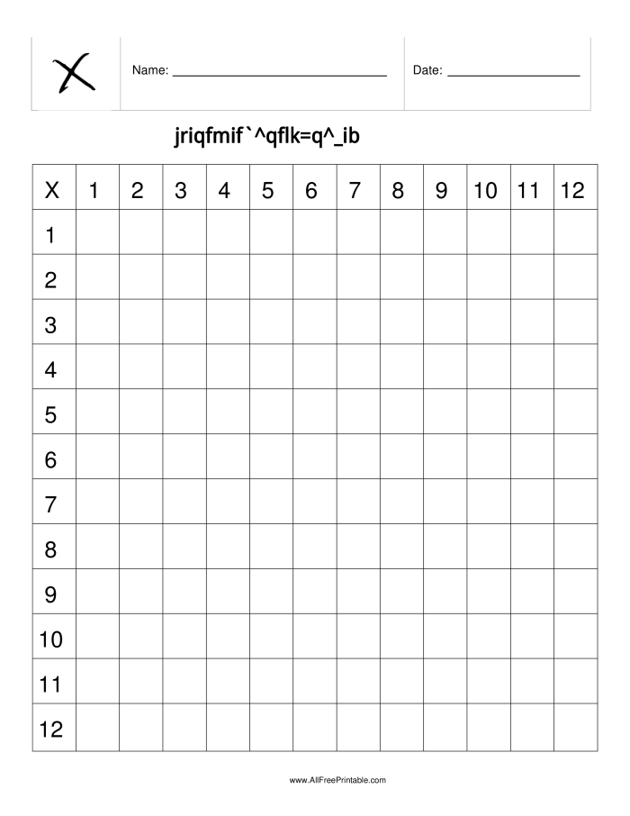 Blank times table grid worksheet for third-grade students to practice multiplication