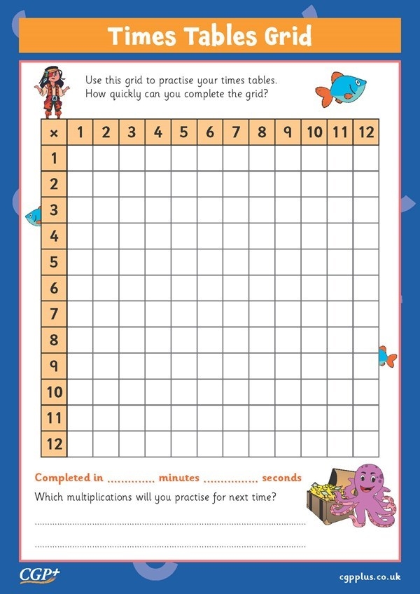 Blank times table grid worksheet designed for third-grade students to practice multiplication skills