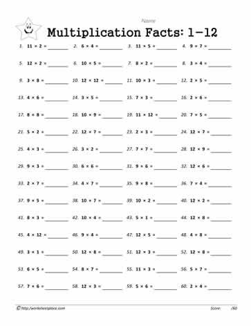 Third grade student practicing multiplication facts with a 12 times table worksheet number 20