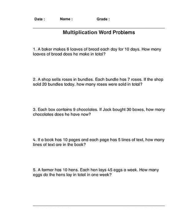 Multiplication Word Problems Worksheet Number 11 for Grade 3 Math Third grade student completing a multiplication word problems worksheet