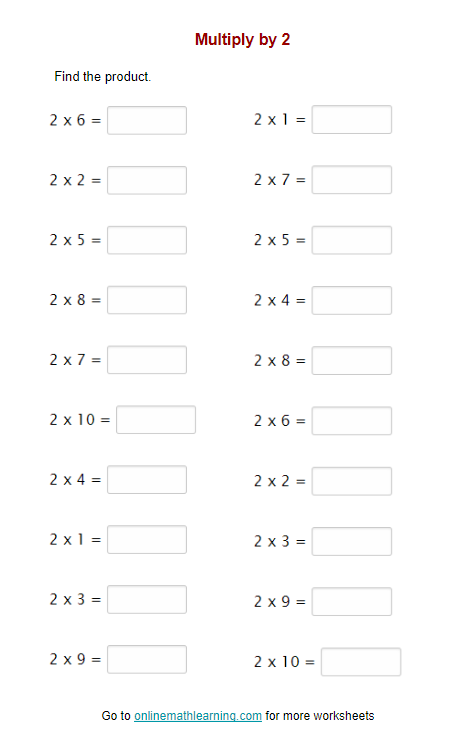 Engaging math practice worksheet for learning multiplication by two Multiplying by two worksheet designed for third graders to enhance their math skills
