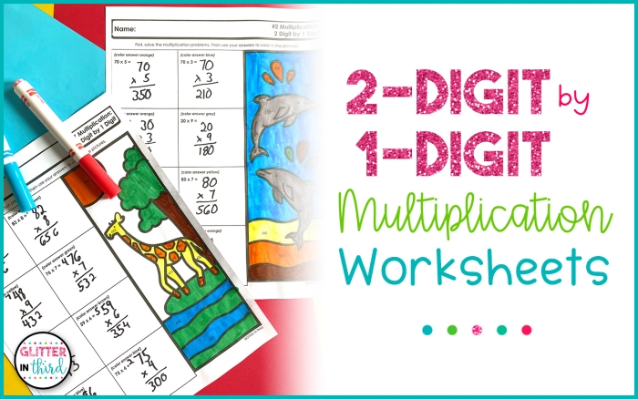 Third grade multiplication worksheet featuring 2-digit by 1-digit problems with regrouping Students working on a 2-digit by 1-digit multiplication worksheet for third grade math