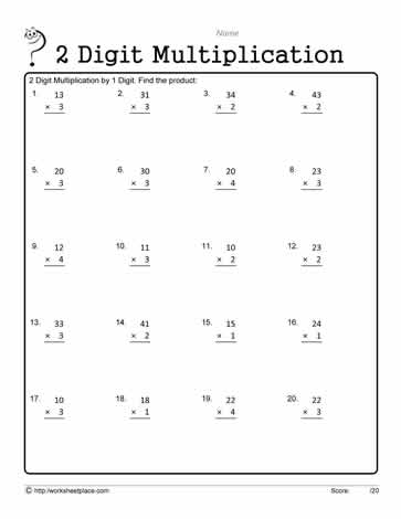 Third grade math worksheet showing two-digit by one-digit multiplication problems for students to solve