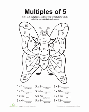 Third grade students practicing multiplication by 5 on a math worksheet