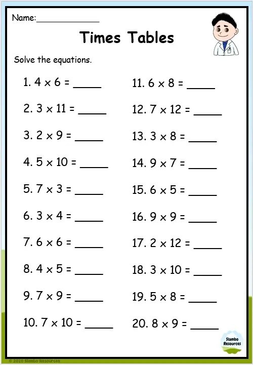 Third grade student practicing multiplication by three using a math worksheet