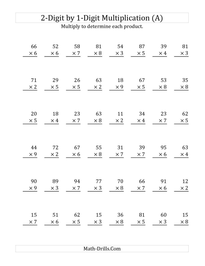 Multiplication practice page featuring 2-digit times 1-digit problems for third graders 13 Third grade math worksheet for practicing 2-digit by 1-digit multiplication with regrouping 13