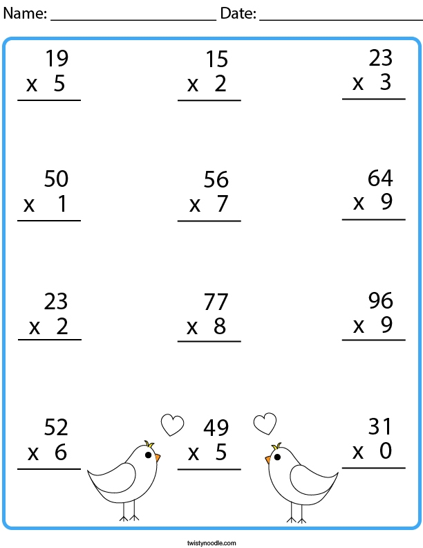 2-Digit by 1-Digit Multiplication Worksheet 20 for Grade 3 Math Practice Third grade student practicing 2-digit by 1-digit multiplication problems with regrouping on worksheet 20
