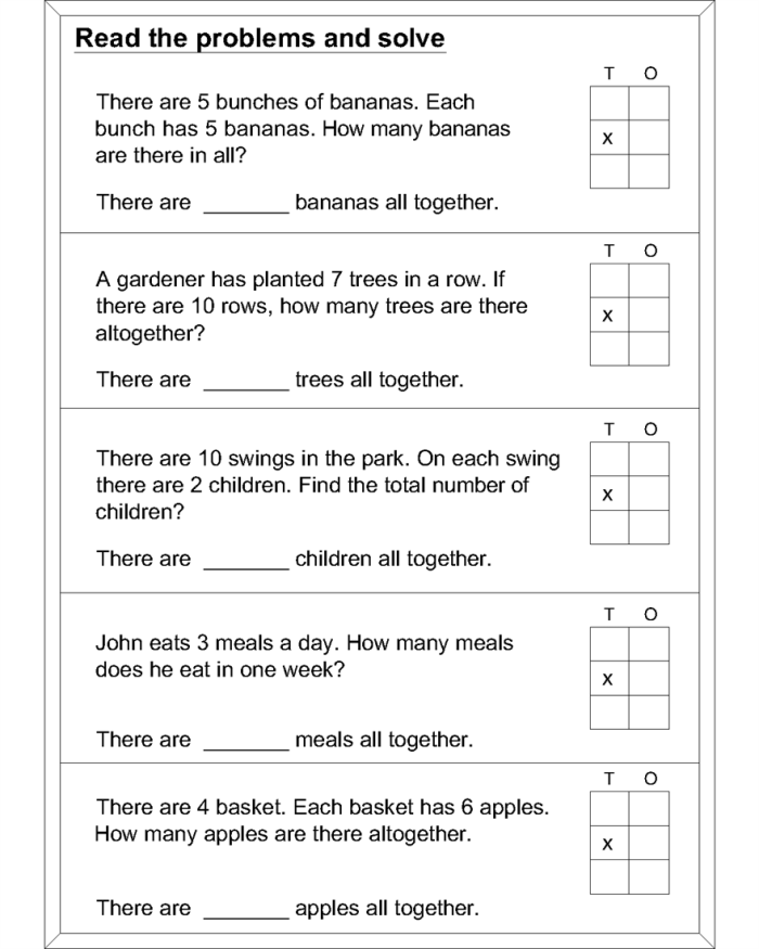 Worksheet featuring multiplication word problems for third graders