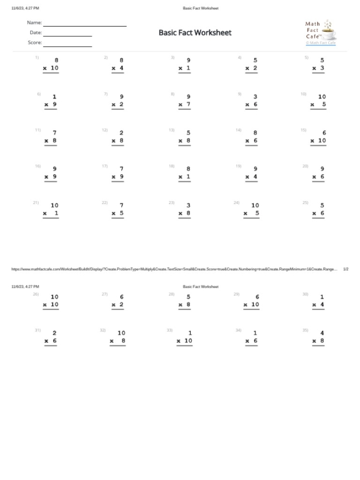 Third grade multiplication fact worksheet with times tables and regrouping problems for math practice
