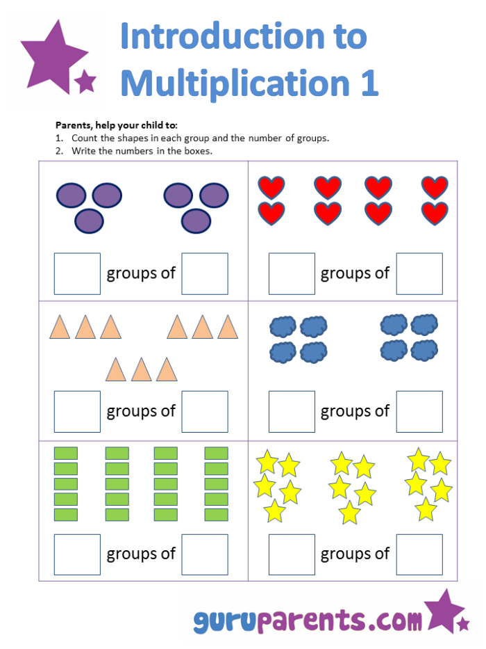 Third grade student completing an Intro to Multiplication Repeated Groups worksheet