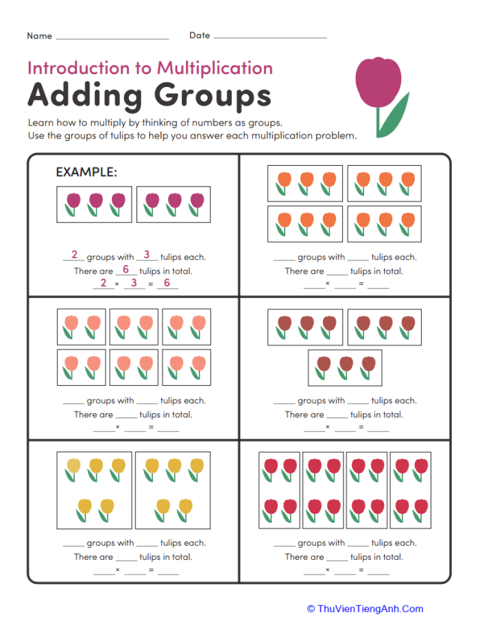 Third grade students learning multiplication through repeated groups of objects arranged in rows
