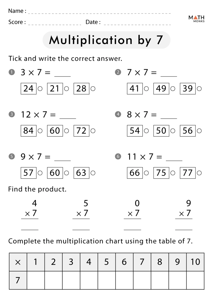 Third grade student solving multiplication by seven problems on a math worksheet