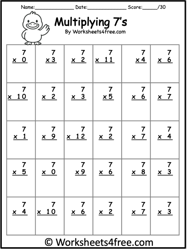 Third grade students working on a multiplying by seven math worksheet, solving equations and filling in a multiplication chart. Engaging worksheet for third graders focused on multiplying by 7.