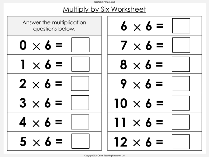 Third grade students practice multiplication facts for the number six on this worksheet