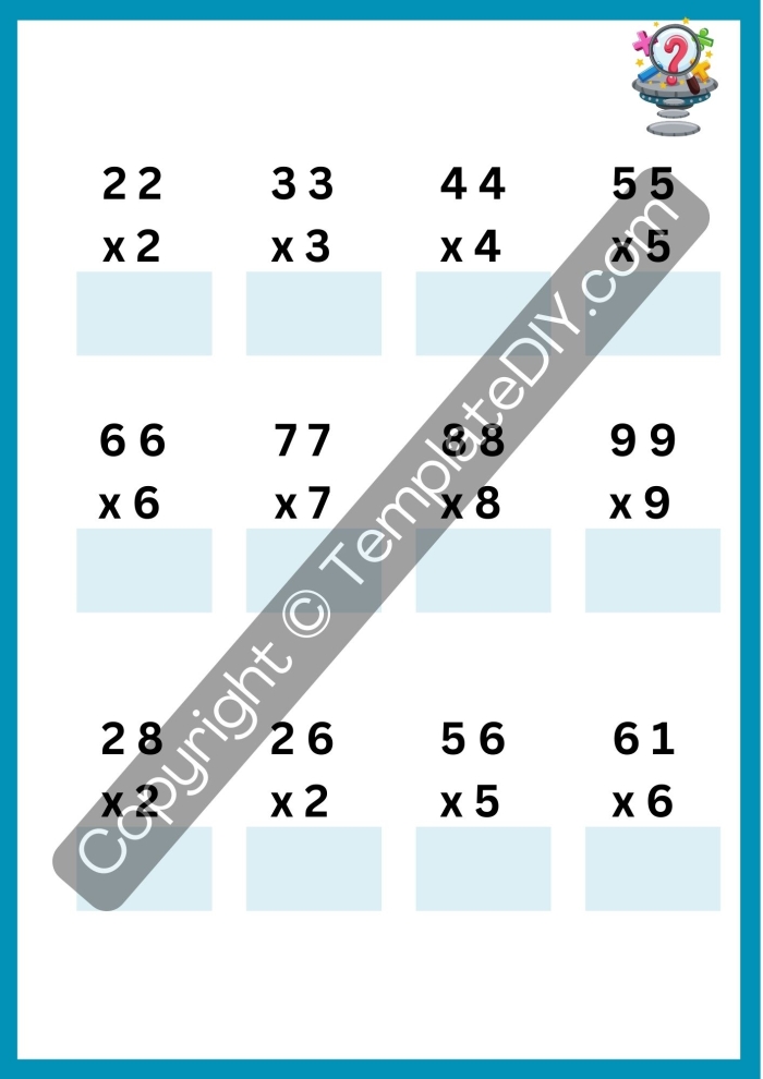 Third grade math worksheet showing multiplication problems with two-digit numbers multiplied by single-digit numbers for elementary students to practice