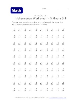 Third grade student completing a 3-minute multiplication worksheet exercise