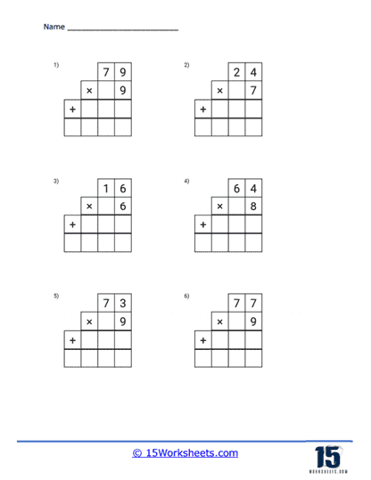 Third grade student completing a two-digit by one-digit multiplication worksheet number 9