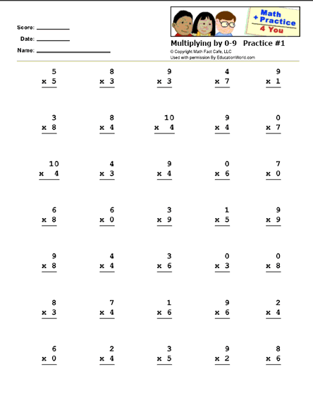 Multiplication facts assessment worksheet for third graders focusing on 0-9