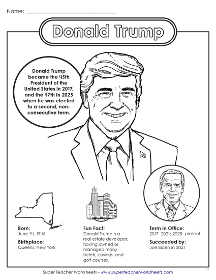 Third grade multiplication worksheet featuring Donald Trump presidential fact sheet with math problems