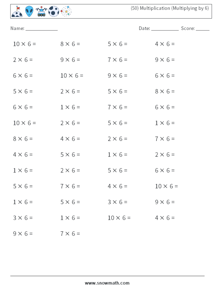 A young student carefully solves math problems on a third grade multiplying by six worksheet