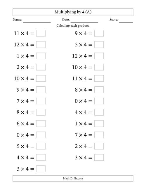 Third grade students working on a multiplying by four worksheet with equations and a multiplication chart