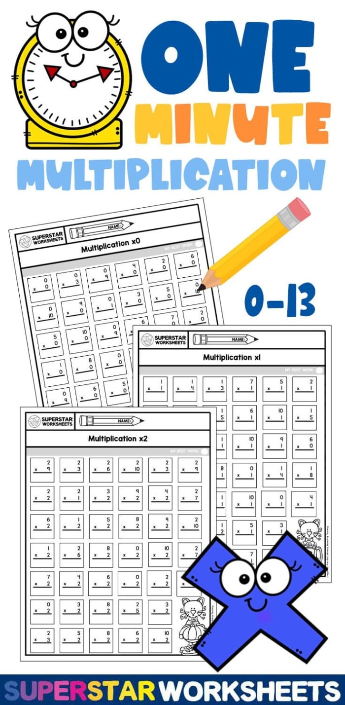 Two-Minute Multiplication worksheet for third graders featuring 48 one- and two-digit problems