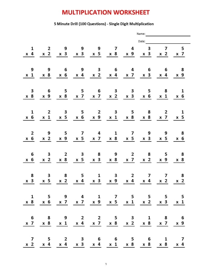 Third grade math worksheet featuring a variety of multiplication problems designed for a one minute speed challenge