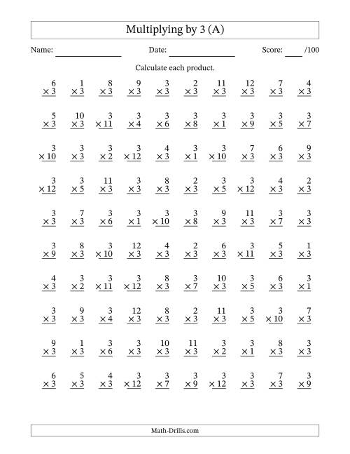 Third grade math worksheet featuring a 3-minute timed multiplication challenge