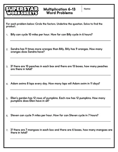 Third grade student working on a Multiplication Word Problems Multiply It worksheet with math equations