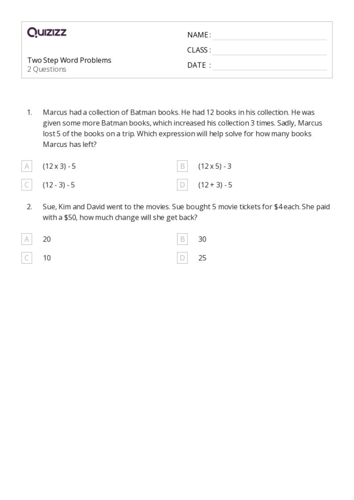 Illustrative worksheet for practicing two-step multiplication word problems in third grade Two-Step Multiplication Word Problems worksheet for third graders featuring engaging exercises