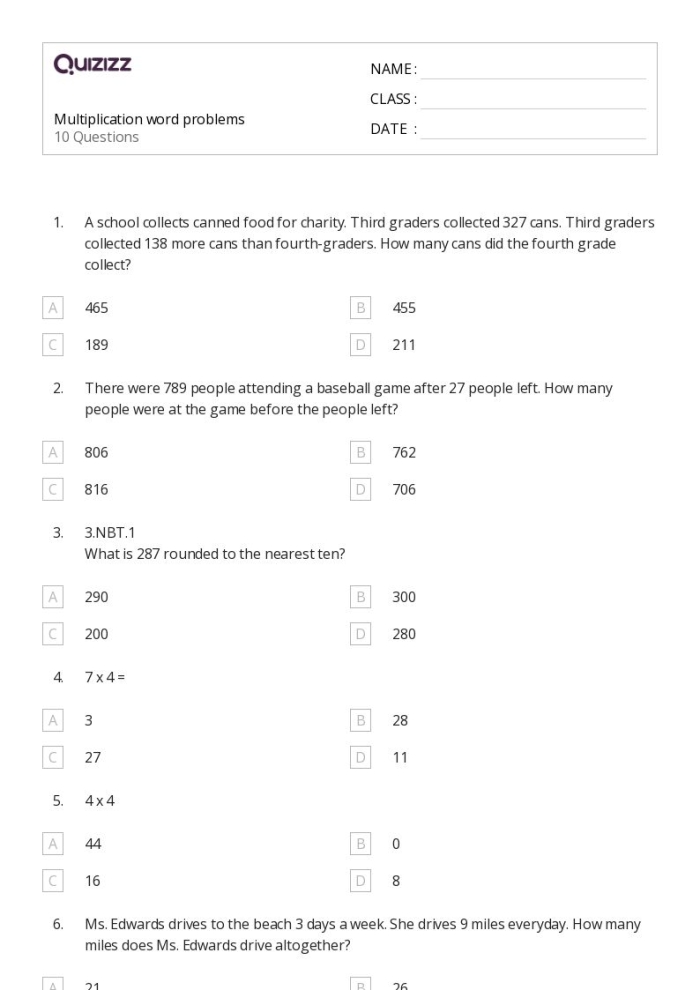 Multiplication: Word Problems (Part One) - Worksheet Image 4 Worksheet featuring multiplication word problems for third graders