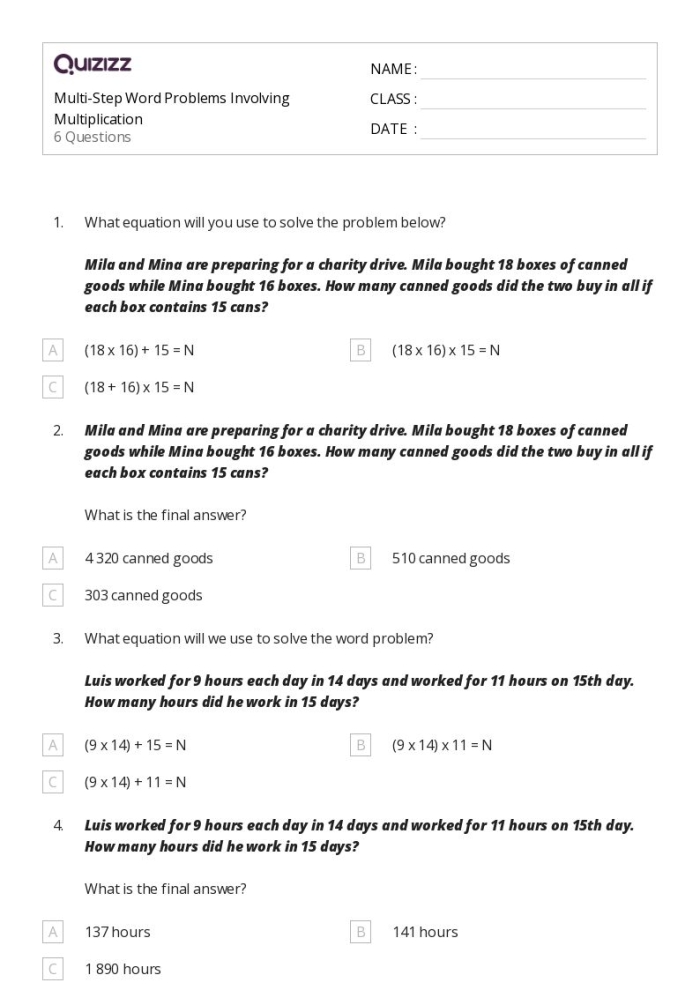 Two-Step Multiplication Word Problems Worksheet 24 Third grade students solving multi-step multiplication word problems on a math worksheet