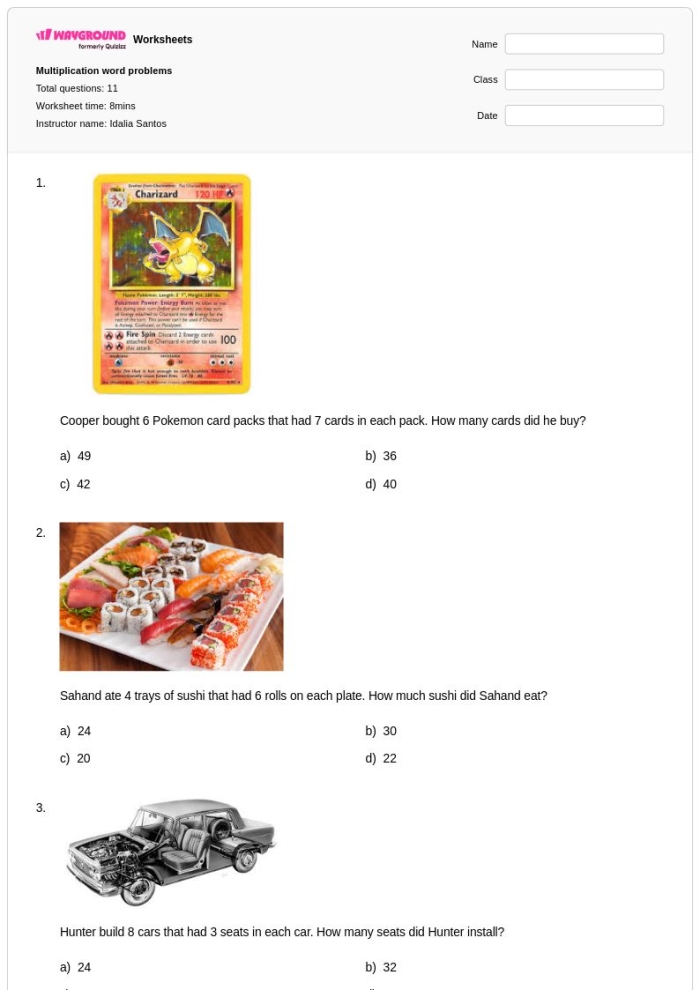 Multiplication strategies and problem-solving techniques for students Worksheet featuring multiplication word problems for third graders
