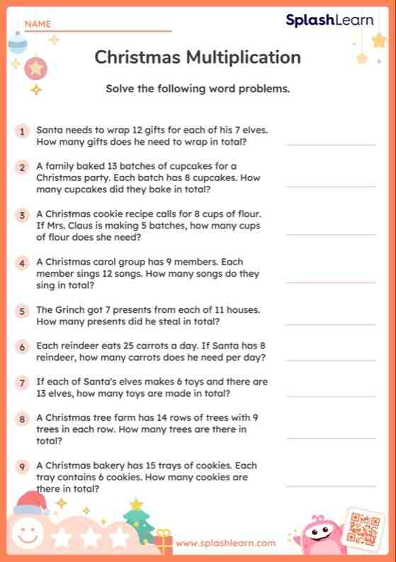 Third grade student solving multiplication word problems on a math worksheet